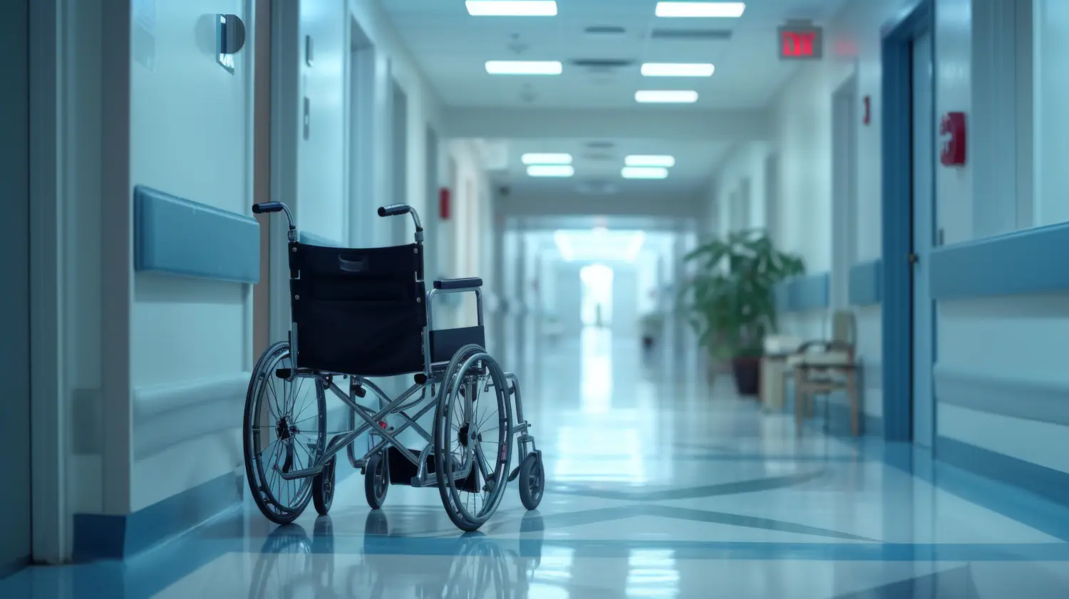 Krankenhausflur mit einem Rollstuhl in der Mitte